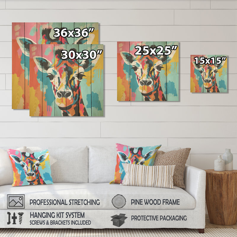 Portrait de girafe coloré et coloré III - Girafe sur bois, H 25 po x l 25 po