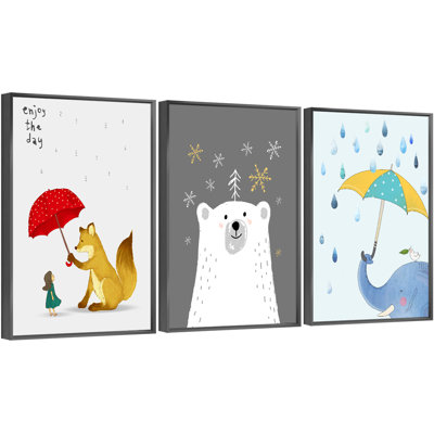 " Cute Animals Aluminum Framed Wall Art " 3 Piece Art Print
