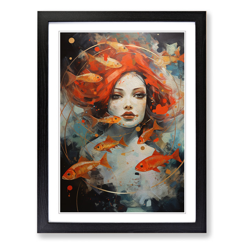 Pisces Zodiac Expressionism - Single Picture Frame Print on Wood, Black Framed, 34cm H x 25cm W x 2cm D