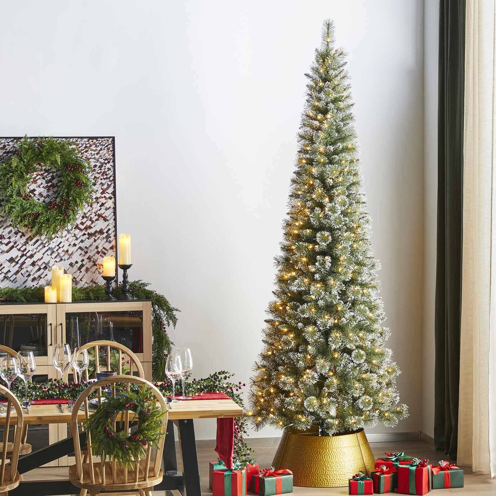 Leilonie Flocked Pre-Lit Pine Christmas Tree, 9'