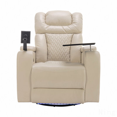 270° Swivel PU Leather Power Recliner - Home Theater, Tray Table, Phone Holder, USB, Storage