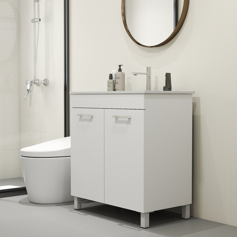 Meuble-lavabo de salle de bain 32 po avec lavabo, portes doubles avec charnières à fermeture douce, armoire de salle de bain avec tablette ajustable, poignée en métal, lavabo en céramique, pieds argent réglables
