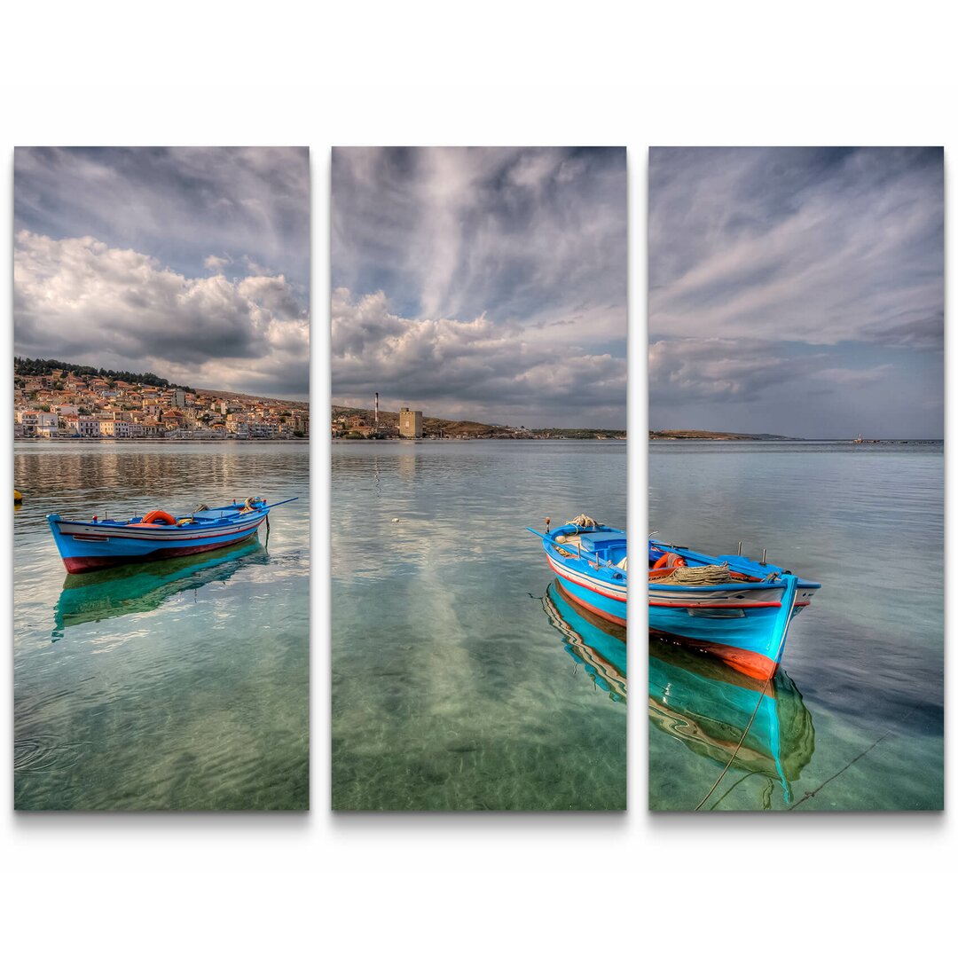 3-tlg. Leinwandbilder-Set Farbenfrohe Fischerboote am Meer