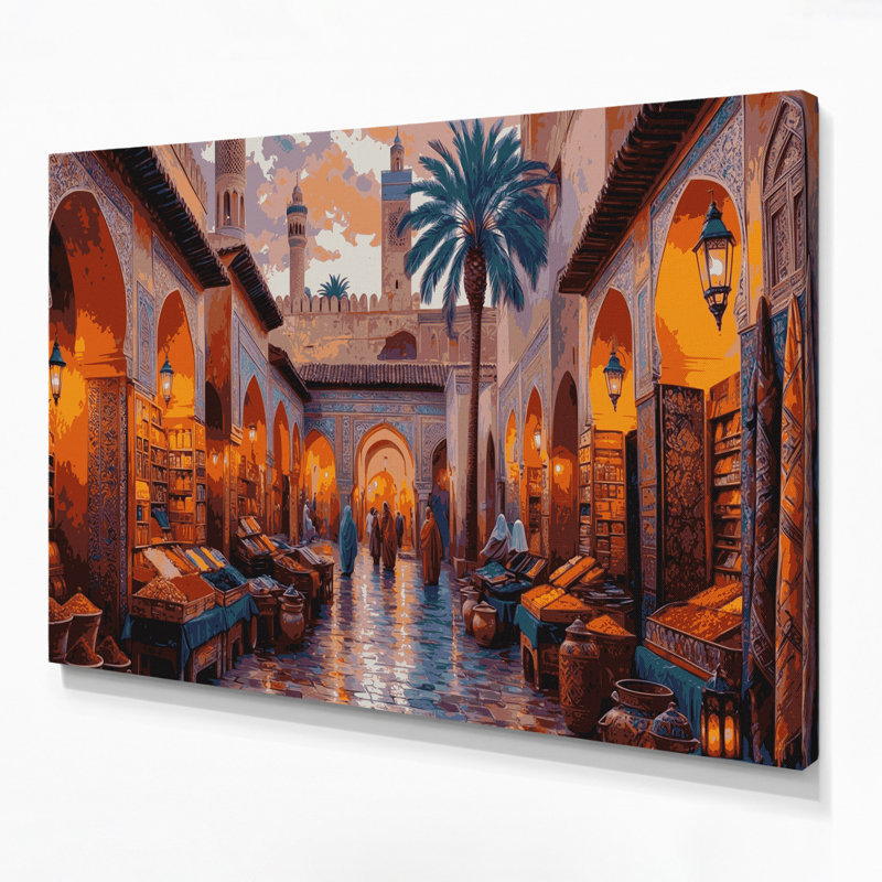 Art mural sur toile brun avec cités, villes, Maroc, H 11 po x l 14 po