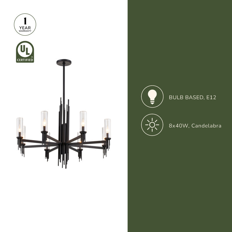 Torres 8 - Light Chandelier, Matte Black/Clear Ribbed