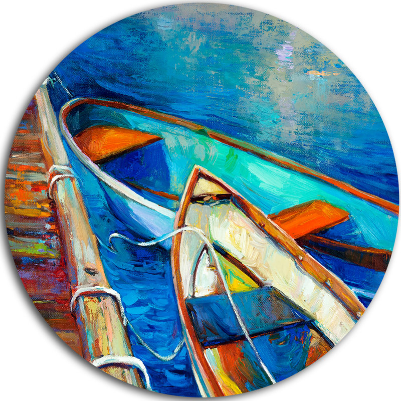 Bateaux et jetée dans l'ombre bleue - reproduction d'art, H 15 po x l 20 po x P 1 po, Bois
