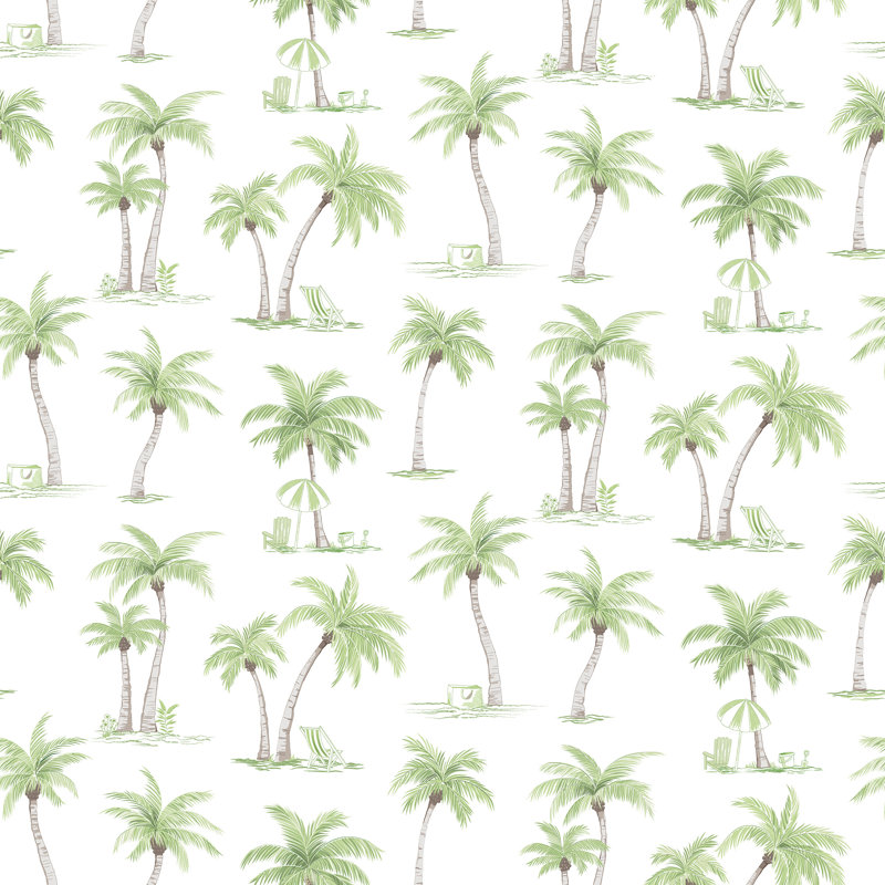 Green / White Palm Tree Reversible Coastal Quilt Set with Shams, King/California King Quilt + 2 Shams