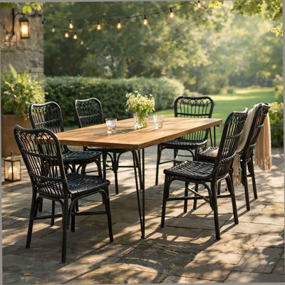 7 PCS Outdoor Dining Set For 6, Rectangular Table With Acacia Wood Top & Rattan Chairs, 72" Large Modern Furniture Set For Patio, Deck, Backyard, Porch,Teak&Black