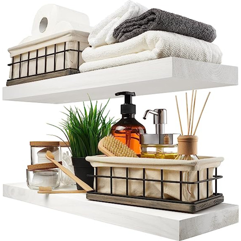 White Solid Pine Wood Floating Wall Shelves, 2 Piece Set