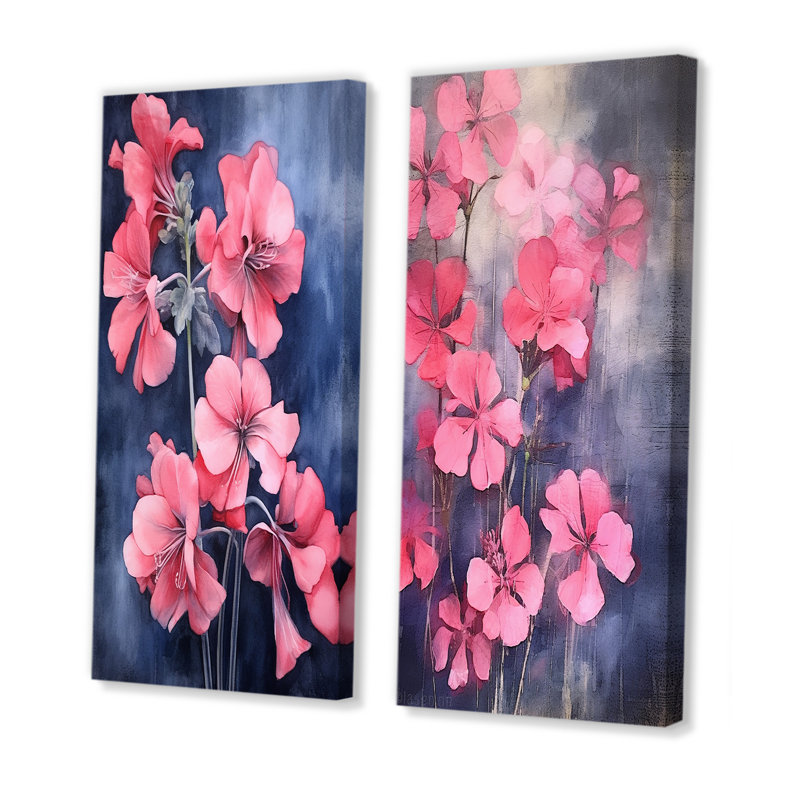 «Blue and Pink Geranium Minimal Expression - Geraniums», ensemble d'art mural sur toile, H 28 po x l 25 po, Toile tendue