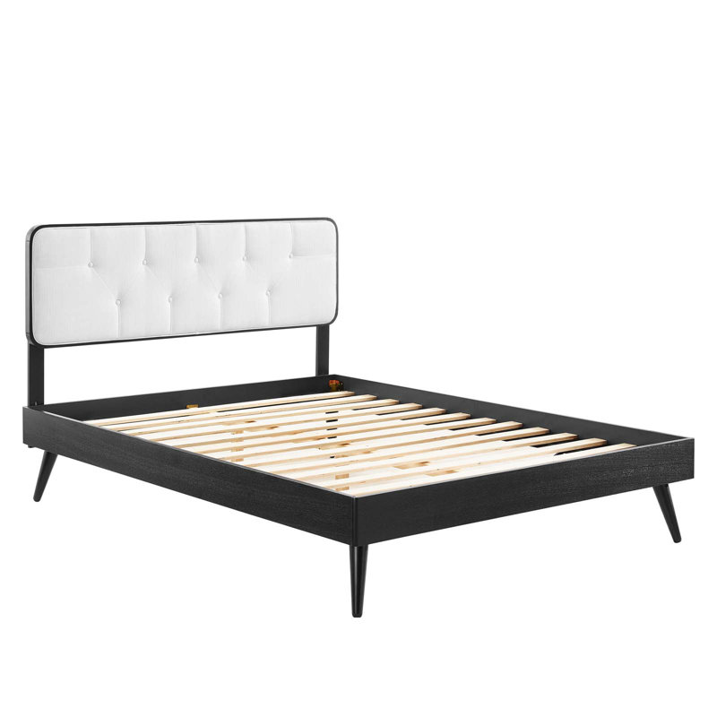 Lit plateforme en bois Bridgette avec pieds évasés, Très grand, Noir / Blanc