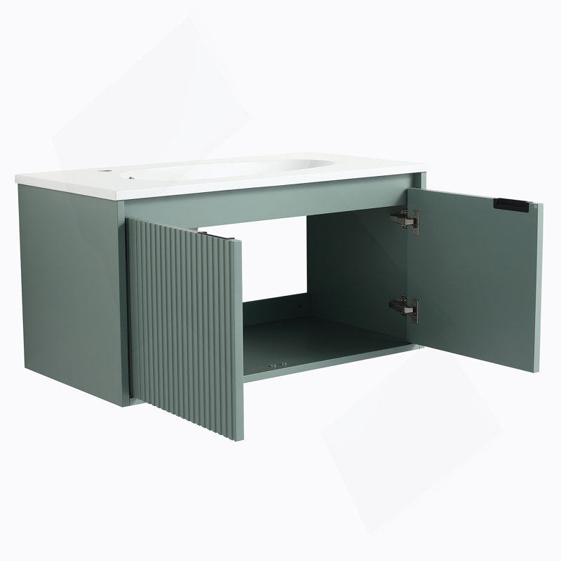 Meuble-lavabo flottant avec lavabo en résine en forme de goutte, Vert, 36"