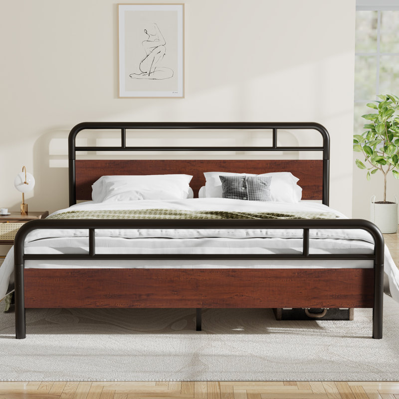 Dejania Metal Platform Bed Frame with Wooden Headboard and Footboard, Dark Brown, King