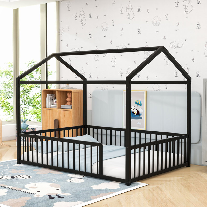 Metal House Shaped Bed With Fence, Black, Full