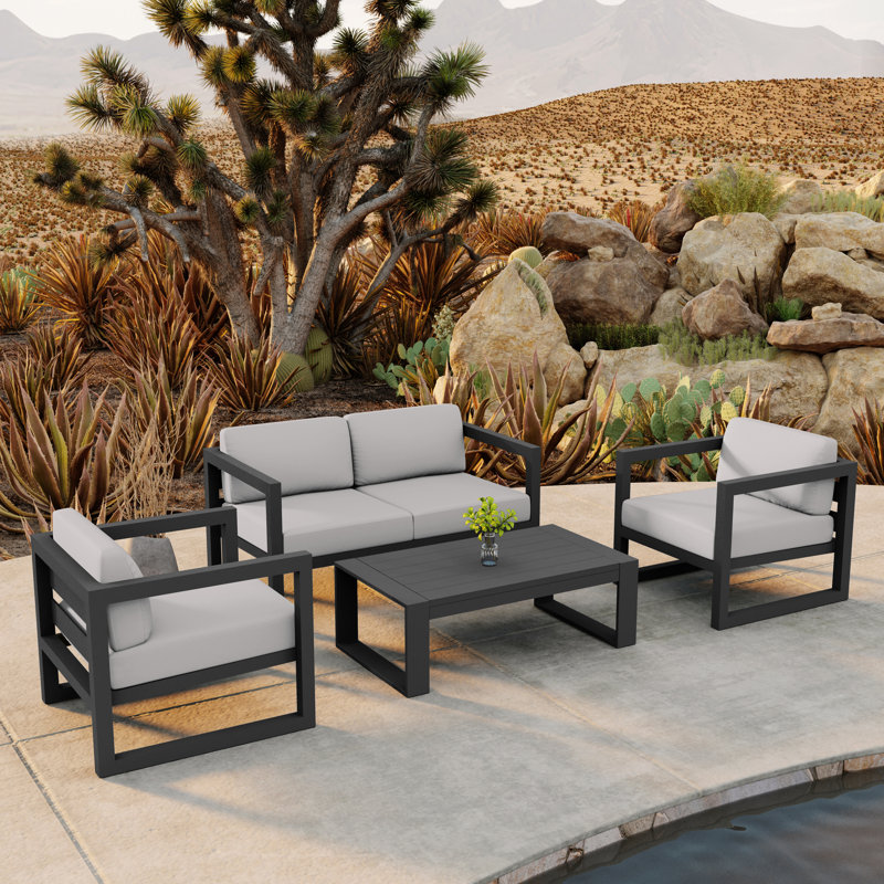 Avion 4 Piece Sofa Seating Group with Sunbrella Cushions, Canvas Natural Sunbrella® Canvas, Slate