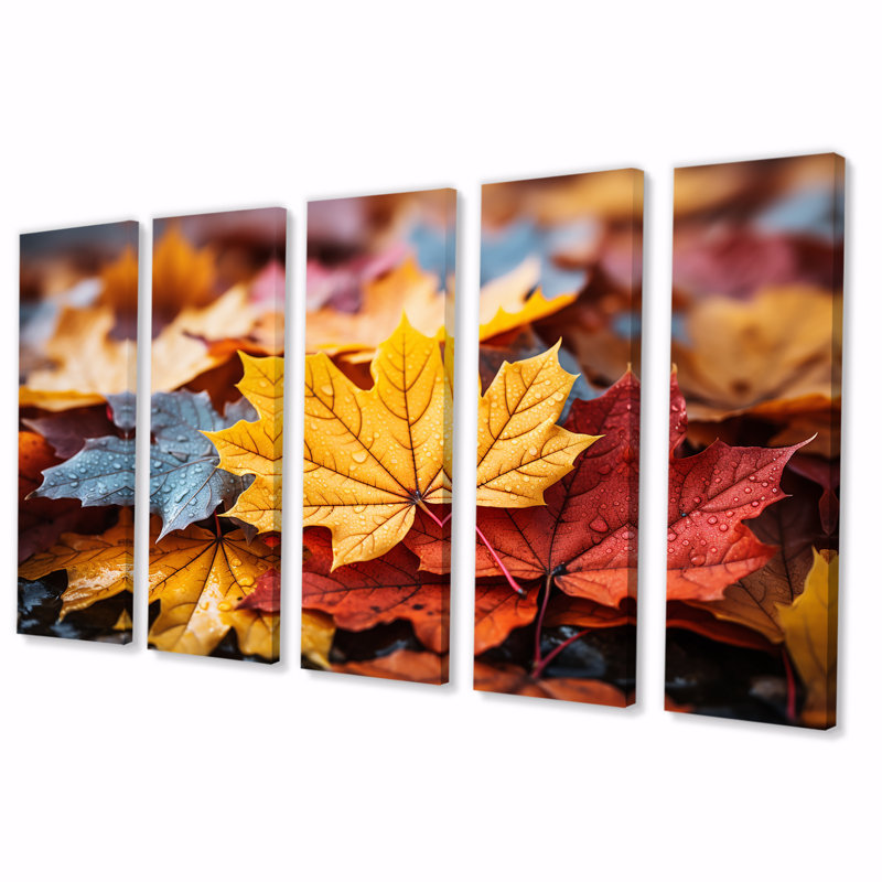 Jaune et orange, feuilles d'automne I - arbre érable, art mural 5 pièces, H 28 po x l 60 po