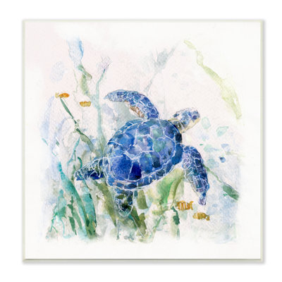 " Pleasant Aquatic Blue Sea Turtle Swimming Ocean Plants " by Sally Swatland
