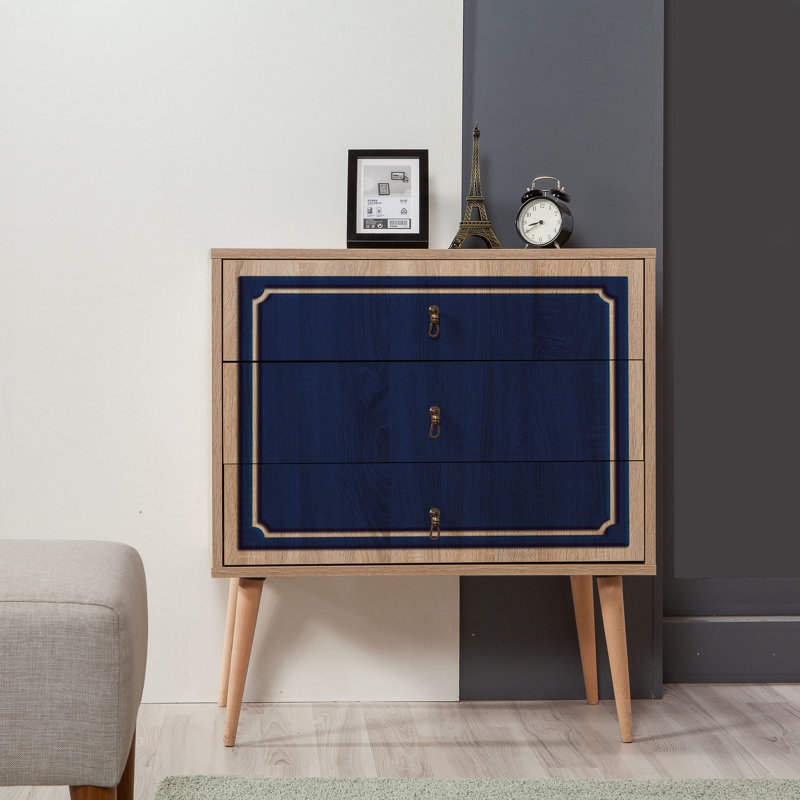 Commode 3 tiroirs l 31,5 po Bostick, Bleu/beige