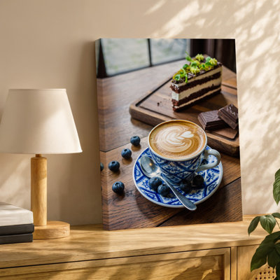 Toile, une scène d'intérieur confortable avec une tasse d'art mural magnifiquement conçue, ornée d'un motif d'art au latte complexe