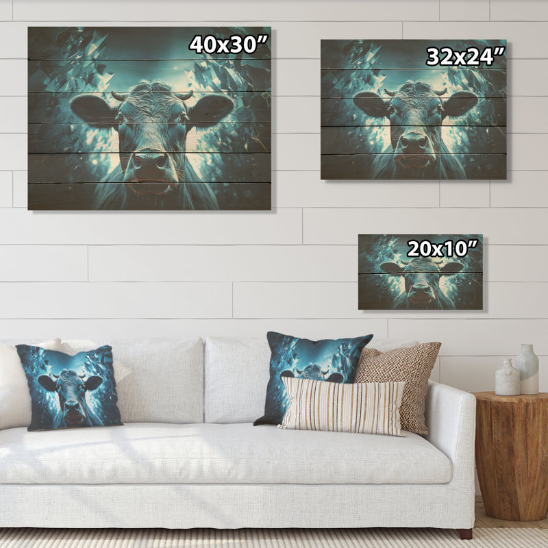 Blue Cow Flow Portrait - Cow Wood Wall Art On Natural Pine Wood, 24" H x 32" W