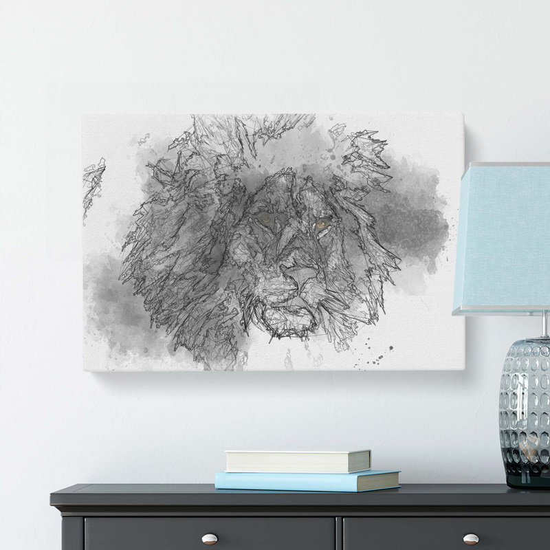 Lion with Piercing Eyes in Abstract - Wrapped Canvas Drawing - Wrapped Canvas, 50cm H x 76cm W x 3cm D