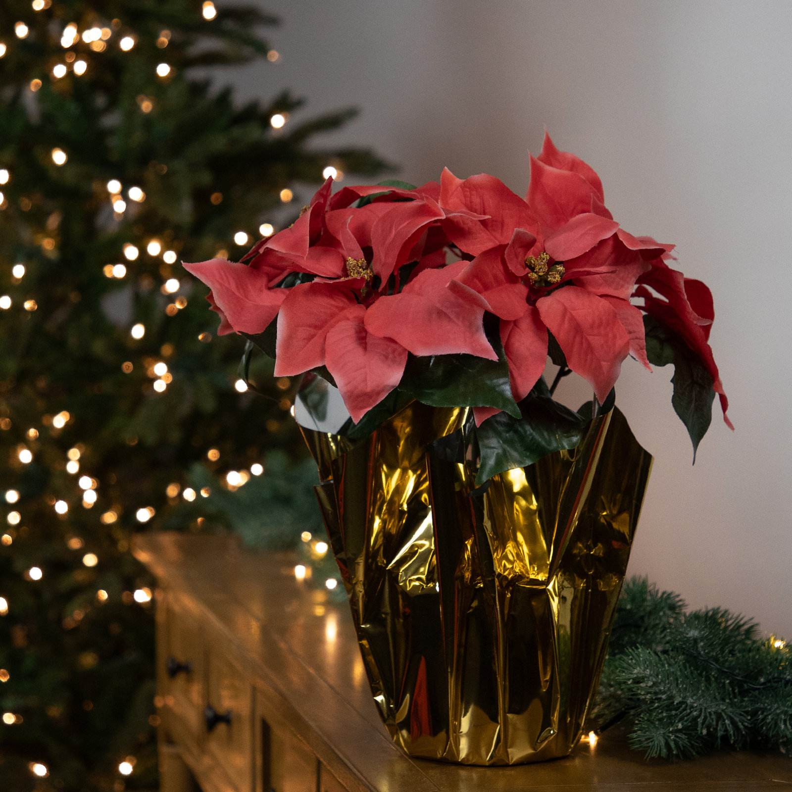 Poinsettia Floral Arrangement, Pink, Gold, 14.5" H x 11.5" W x 11.5" D