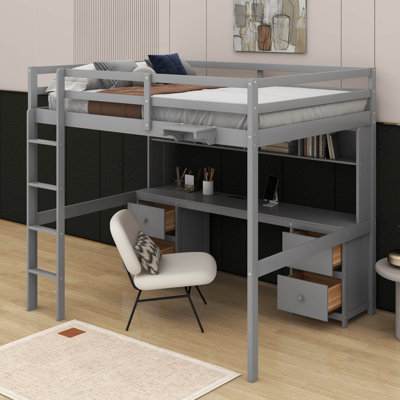 Full Size Loft Bed With Desk, Cabinets, Drawers And Charging Station