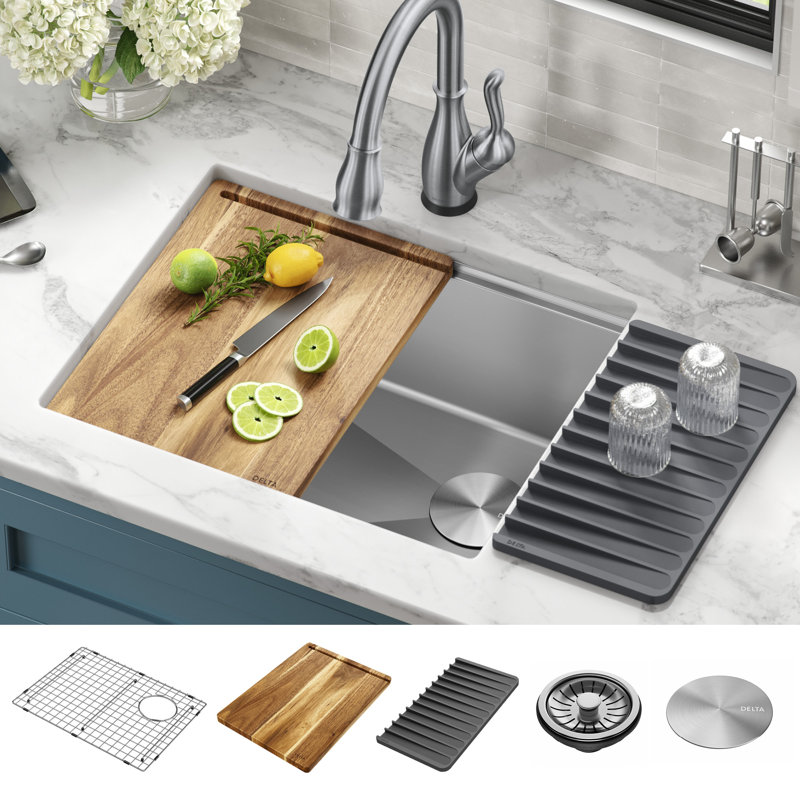 Évier de cuisine en acier inoxydable encastrable de calibre 16 avec rebord WorkFlow ™ pour station de travail L 23 po Delta Lorelai ™