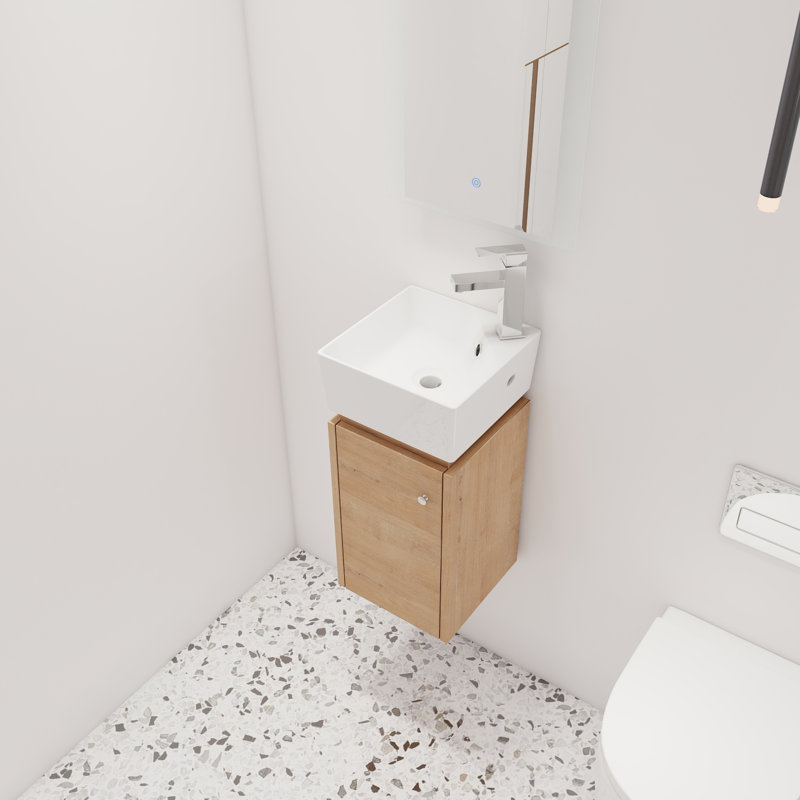 Meuble-lavabo simple de coin 12 po Donnadio, meuble-lavabo flottant à 1 porte et comptoir en céramique blanc, Imitation chêne