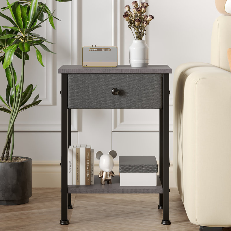 Set Of 2 Fabric Drawer Nightstand With Open Shelf, Small Bedside Table For Bedroom, Living Room Or Dorm, Hemp Gray