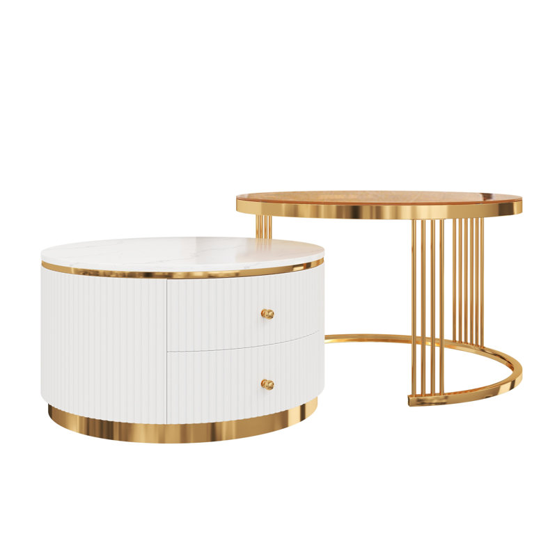 Table basse gigogne moderne 2 pièces avec tiroirs et plateau en verre trempé brun moderne 27,6
