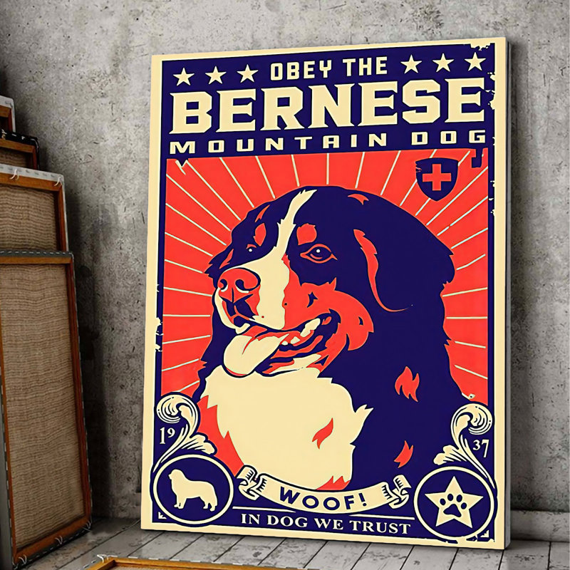 Obey le bouvier bernois, toile tendue avec châssis - Illustration pour animal de compagnie, décoration intérieure rouge et bleue