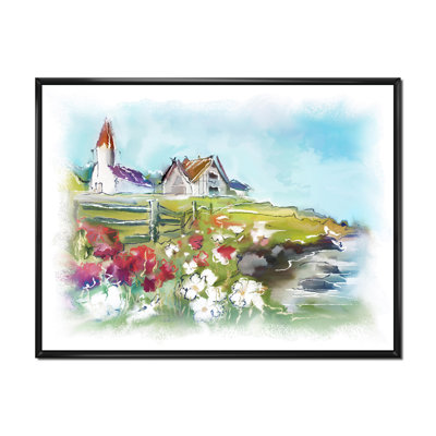 " White Buildings On Colorful Green Meadow " Painting Print