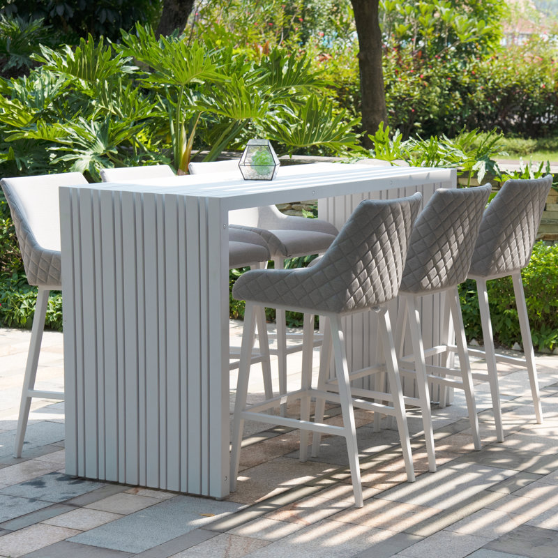 Gullete Outdoor Fabric 6 Seat Rectangular Bar Set, Light Grey/White, White