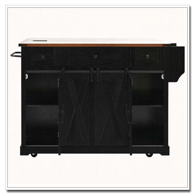 58" Farmhouse Kitchen Island with Storage, Sliding Barn Door & Metal Grid Side Door, Rolling Kitchen Island on 5 Wheels with Spice Rack