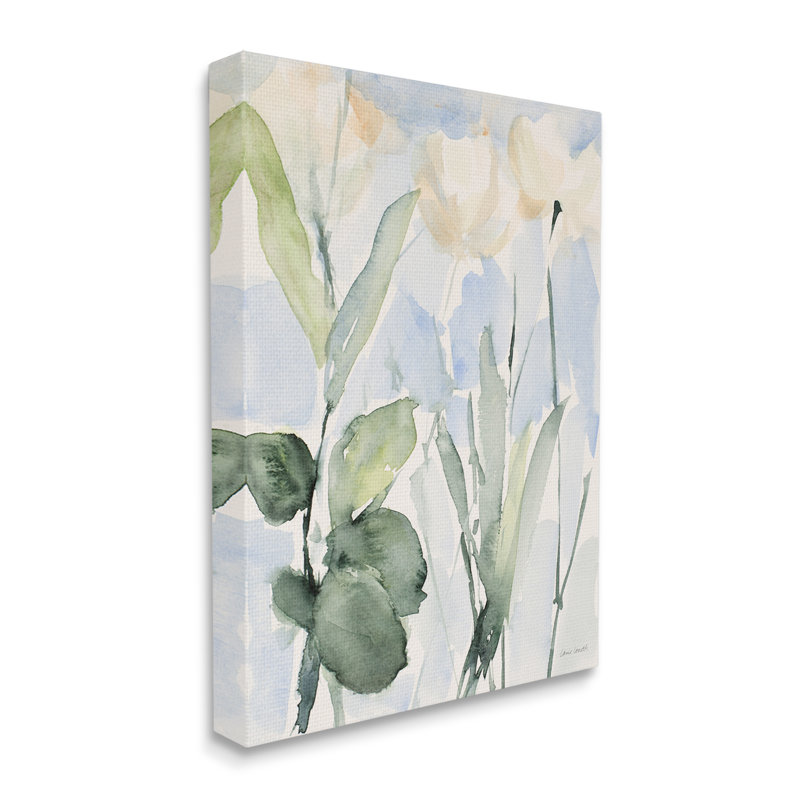 Abstrait fleurs blanches, feuilles, effet aquarelle, coups de pinceau par Lanie Loreth - peinture à cadre flottant sur toile