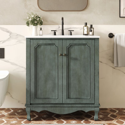 Meuble-lavabo de salle de bain rétro 30 po avec lavabo rectangulaire en céramique, meuble-lavabo avec poignées antiques, meuble de rangement pour la salle de bain avec pieds en bois d'hévéa et tablettes réglables, bleu sarcelle antique