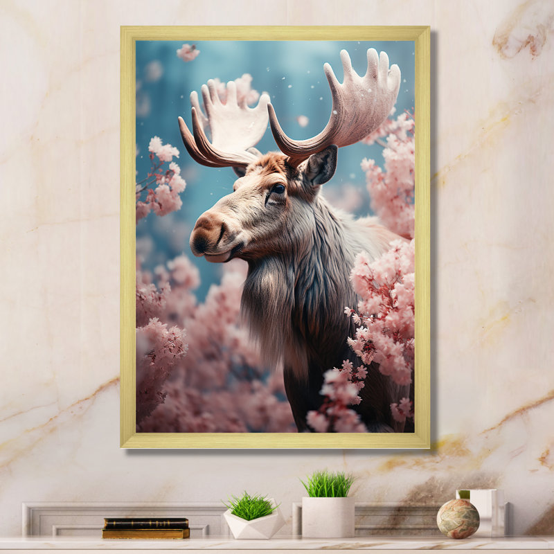 «Aurane Pink Moose Spring Awakening I», reproduction sur toile, Encadrement doré, H 40 po x l 30 po x P 1,5 po