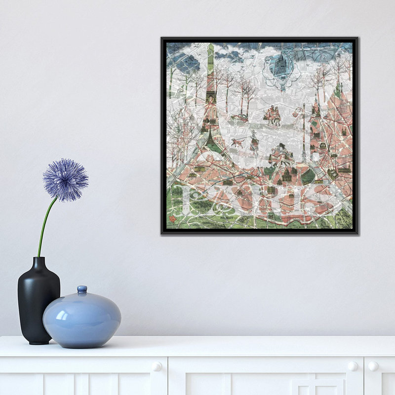 «Paris, Old Map», impression sur toile, H 18 po x l 18 po x P 1,5 po, Pas de tapis, Toile avec cadre noir