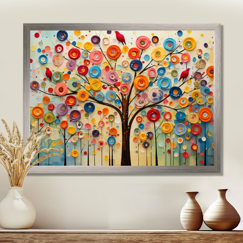 Arbre abstrait coloré 3 - Art mural africain, H 34 po x l 44 po x P 1,5 po, Cadre de coin argenté fermé