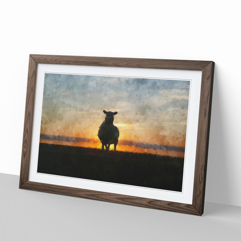 Sunset and Sheep - Picture Frame Painting, Walnut Framed, 27cm H x 36cm W x 2cm D