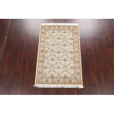 Tapis beige / ivoire noué à la main de conception unique 4 pi 1 po x 6 pi 3 po New Age