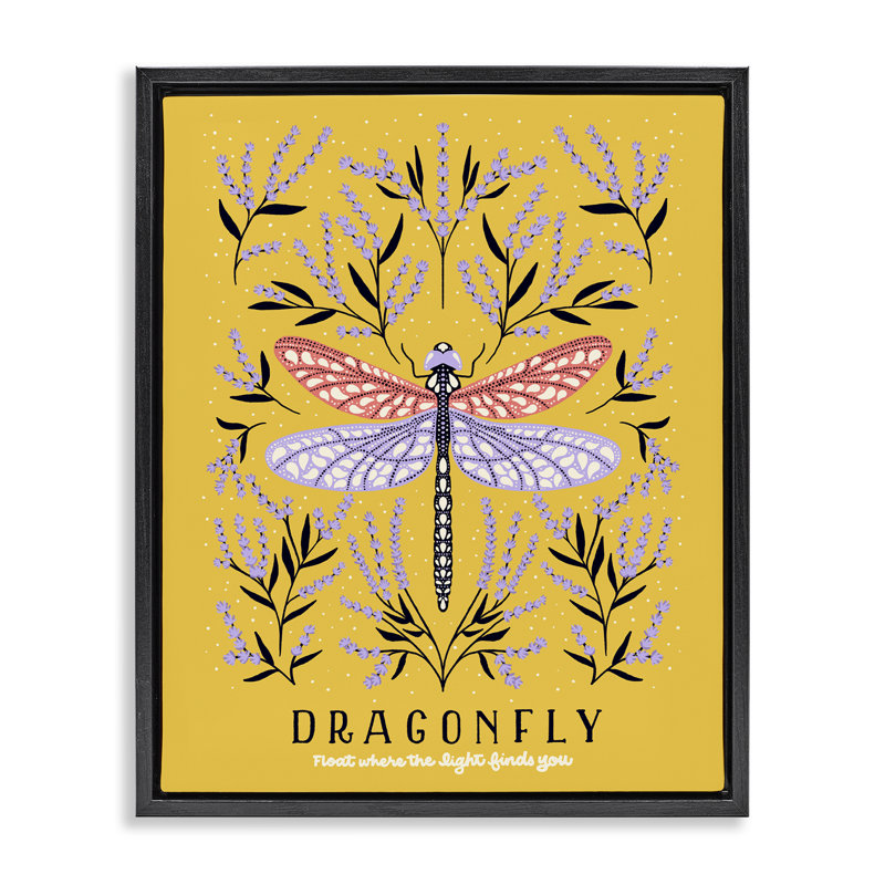 Dragonfly Symmetry on Yellow Floating Frame, design by Indira Prieto | IndySign, 31" H x 25" W, Jet Black Floater Framed