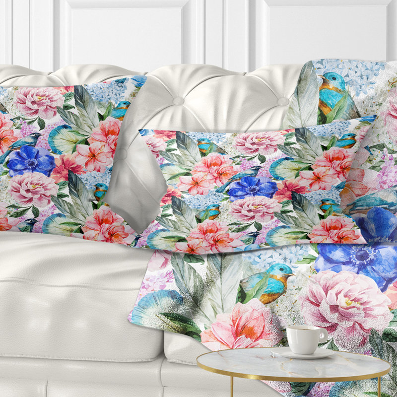 Coussin lombaire en aquarelle de fleurs colorées et oiseaux fleur