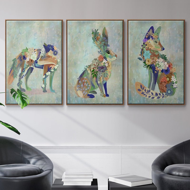 Fantastic Florals Fox, assis, impression sur toile 3 pièces, H 36 po x l 72 po x P 2 po, Noyer