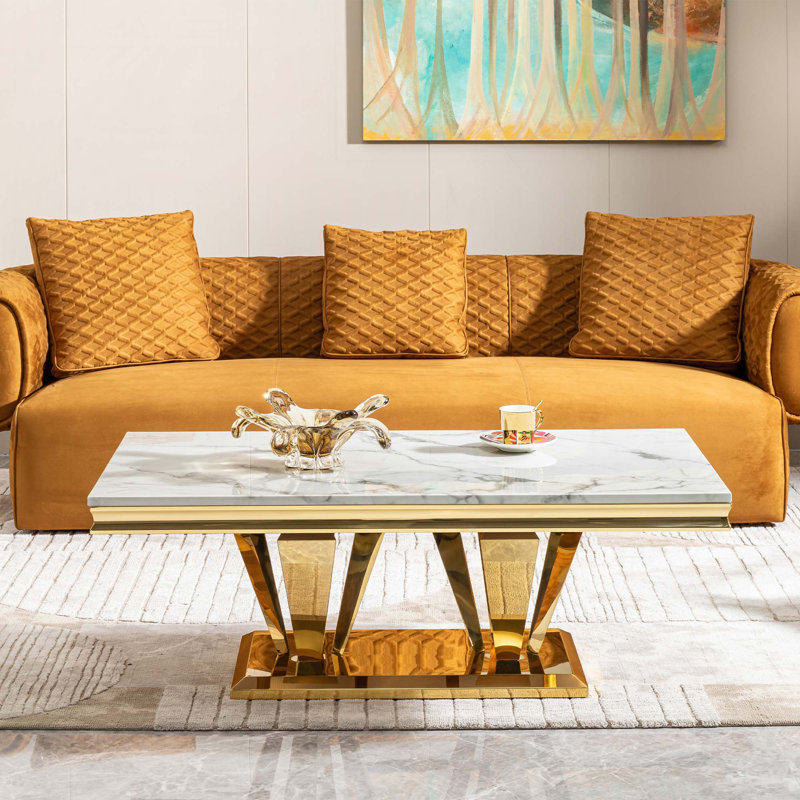 Table basse moderne en MDF rectangulaire avec motif en marbre, table basse en acier inoxydable