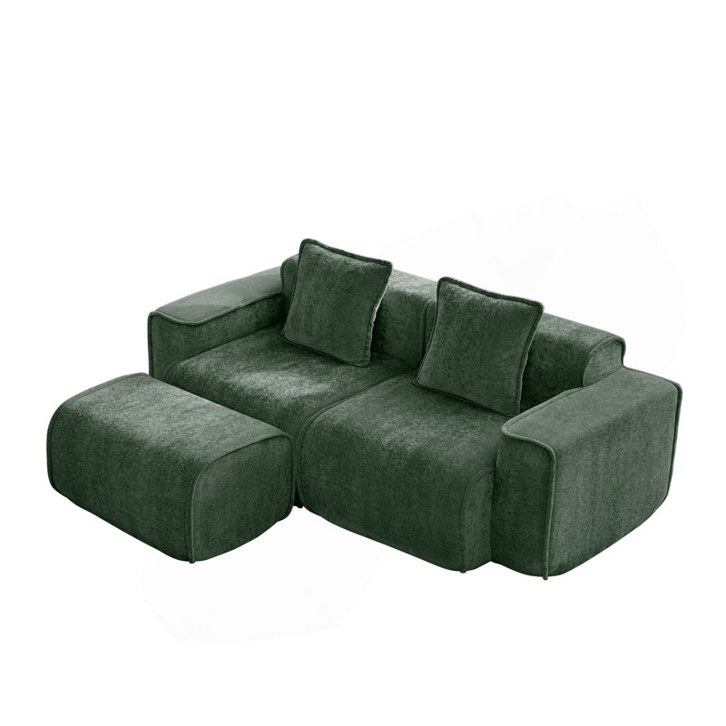 Canapé modulaire en L à 2 places avec passepoil à bordure française, sans assemblage requis, canapé à 2 places avec coussins décoratifs et 1 repose-pieds mobile, tissu de velours vert