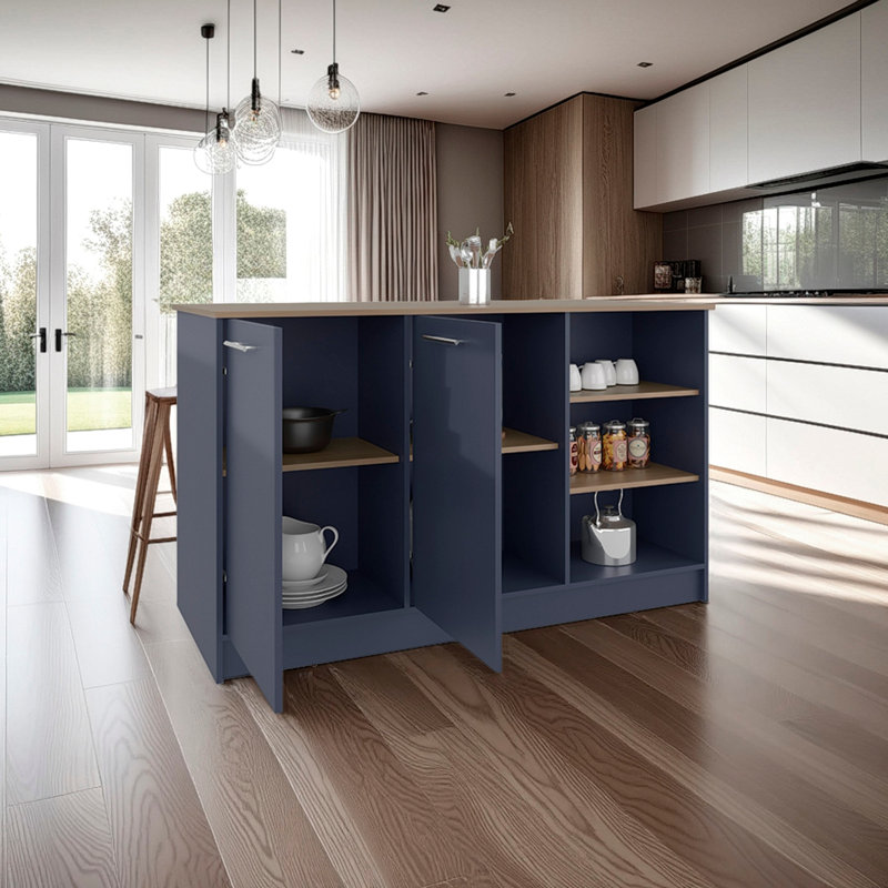 Îlot de cuisine Ginger, trois tablettes ouvertes, deux portes d'armoires avec option de rangement intérieur, îlot sur pied, organisateur de cuisine et décoration