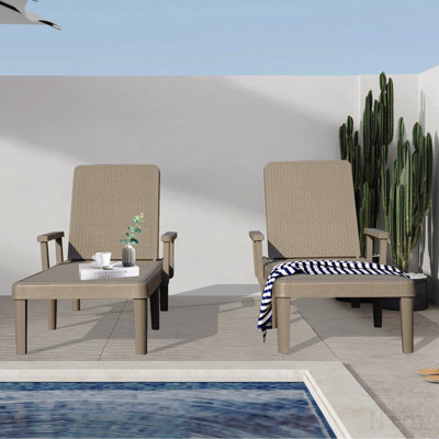 Pool Lounge Chairs Set Of 2, Outdoor Lounge Chairs With 6 Positions Backrest Adjustable Armrest, Resin Waterproof Chaise Lounge Outdoor For Poolside Patio