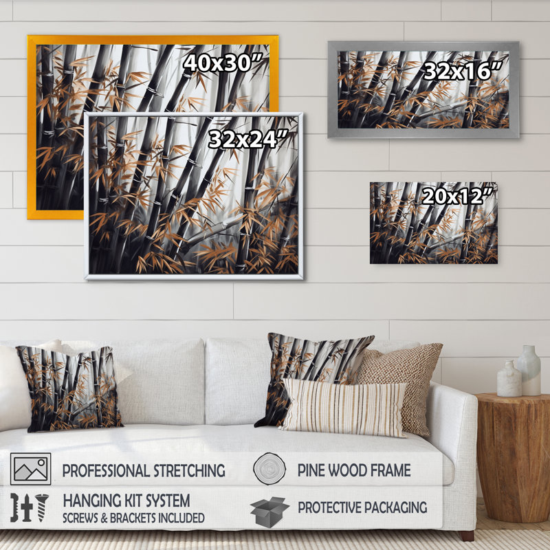 «Jaeveon Yellow Floral Bamboo Tranquility III», reproduction sur toile, H 12 po x l 20 po x P 1 po, Cadre flottant noir